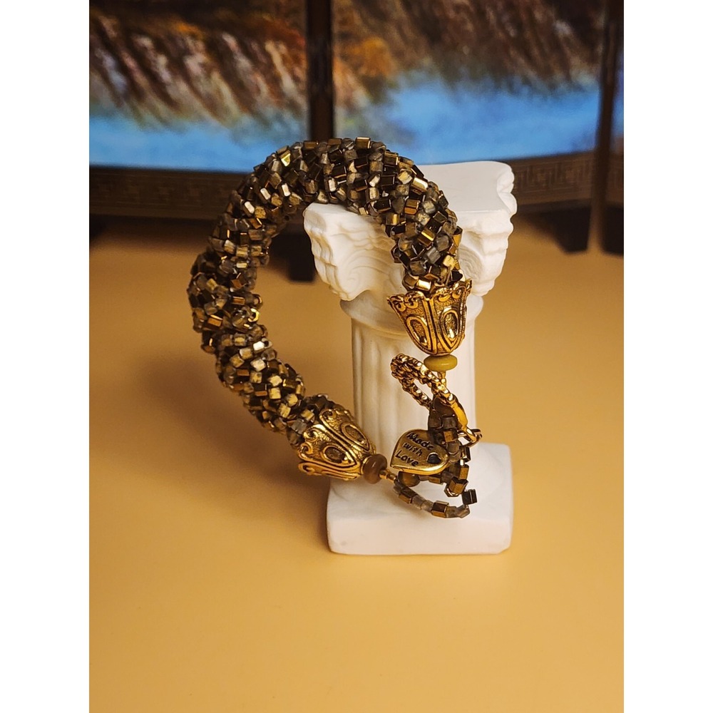 Vtg KUMIHIMO Dark Bronze Glass Seed Bead Bracelet Hand Crafted‎ FREE $HIPPING